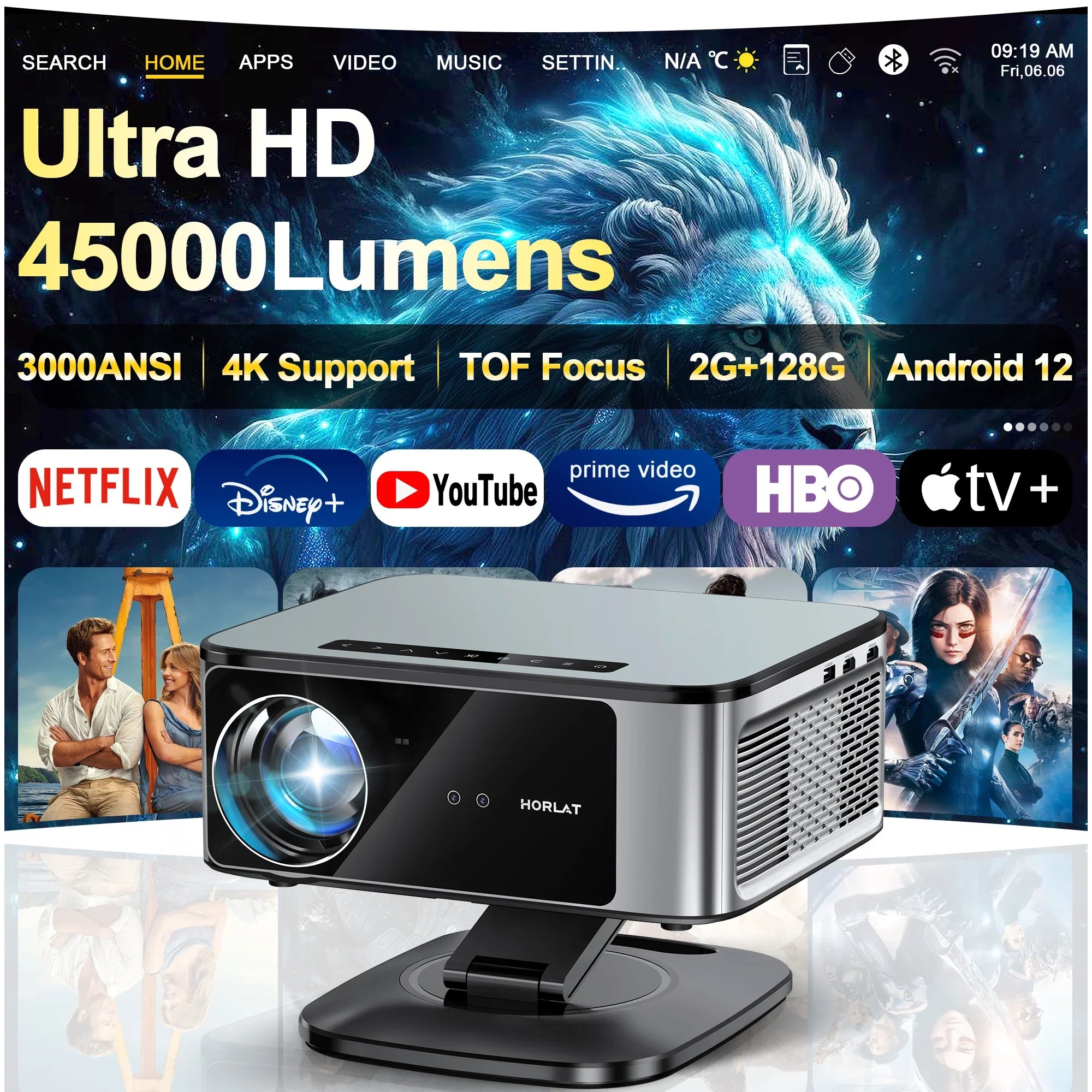 HORLAT 45000 Lumens 4K UHD Smart Home Cinema Projector & Stand