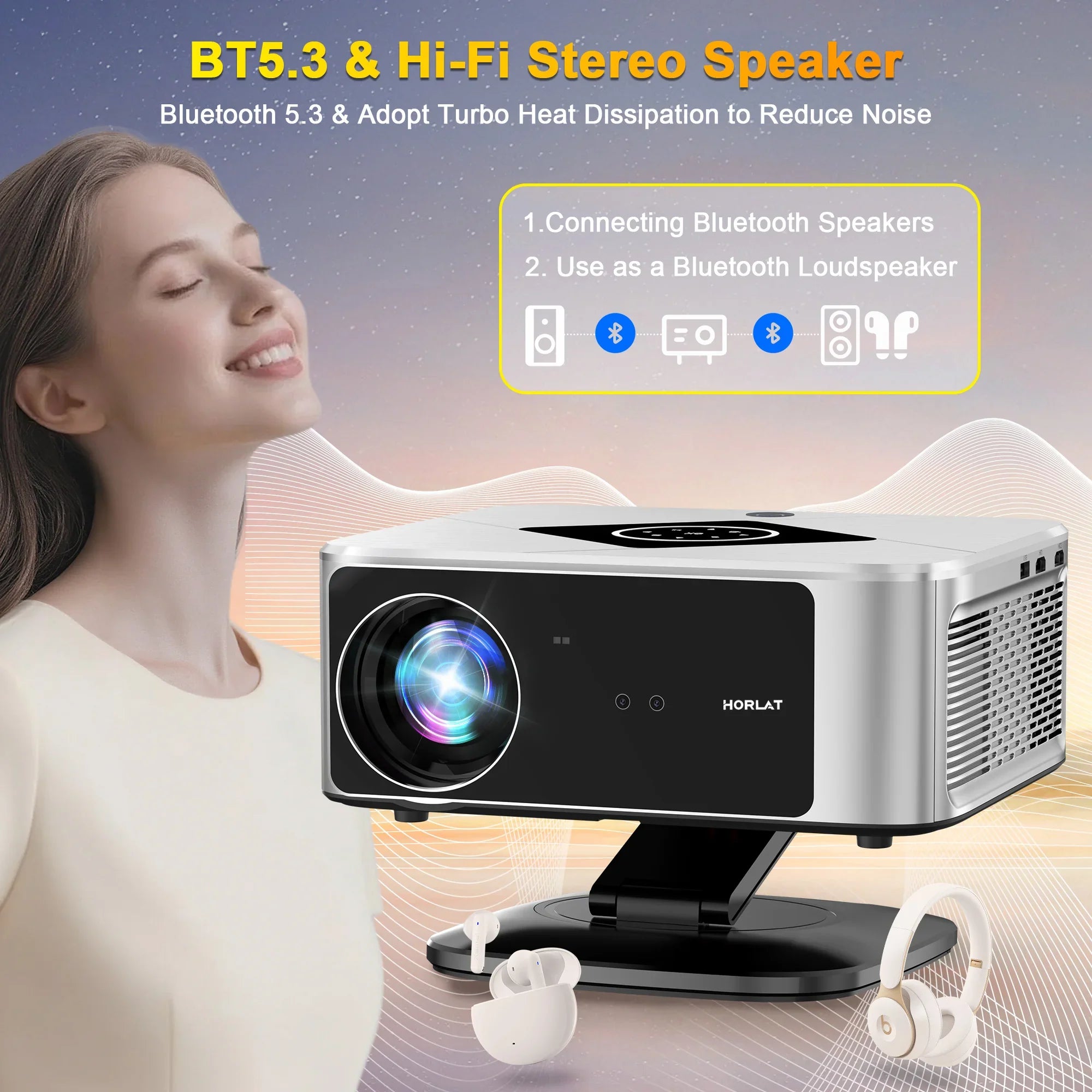 HORLAT 40000 Lumens FHD Smart Home Cinema Projector & Stand