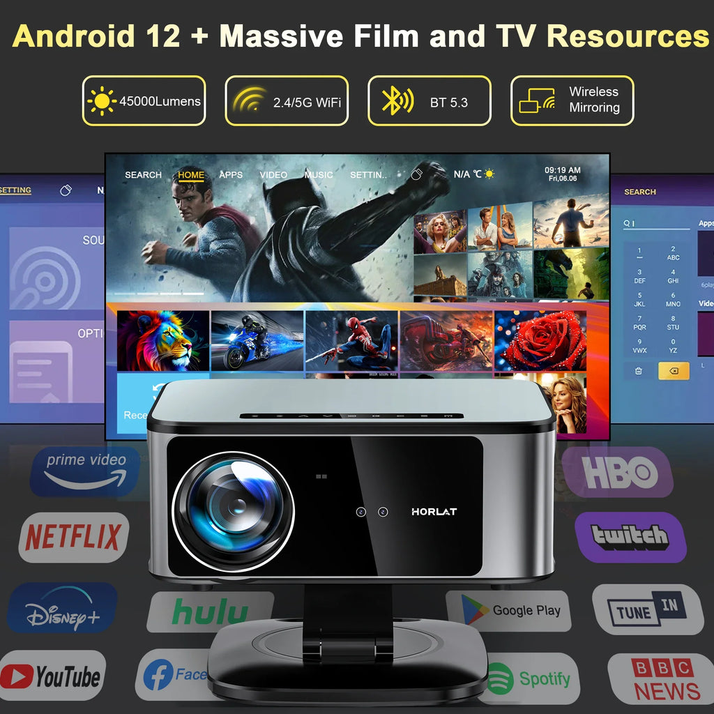 HORLAT 45000 Lumens 4K UHD Smart Home Cinema Projector & Stand