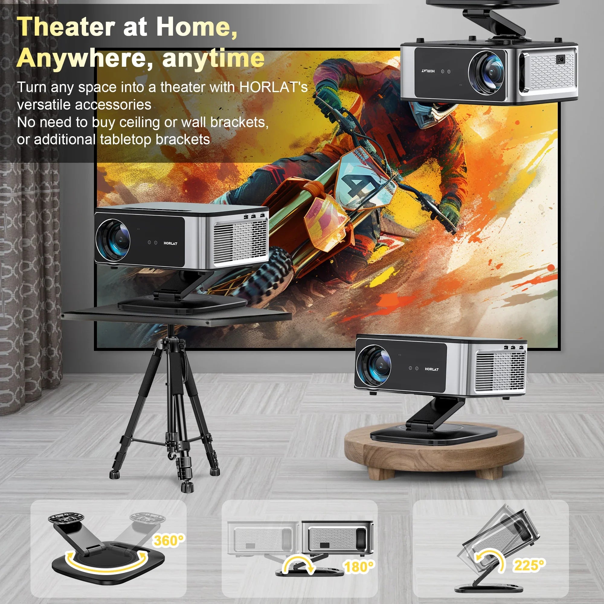 HORLAT 45000 Lumens 4K UHD Smart Home Cinema Projector & Stand