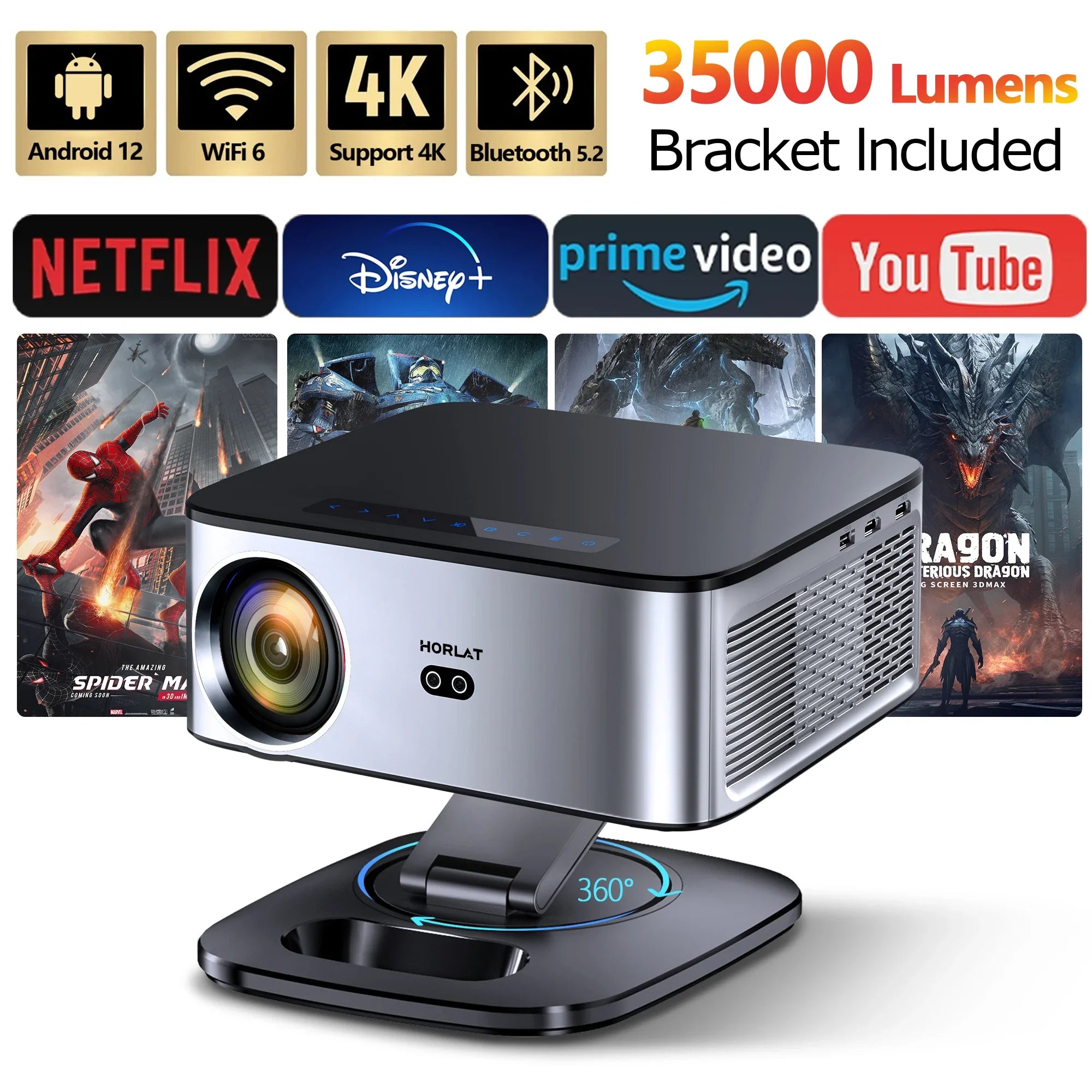 HORLAT 35000 Lumens 4K Smart Home Cinema Projector & Stand